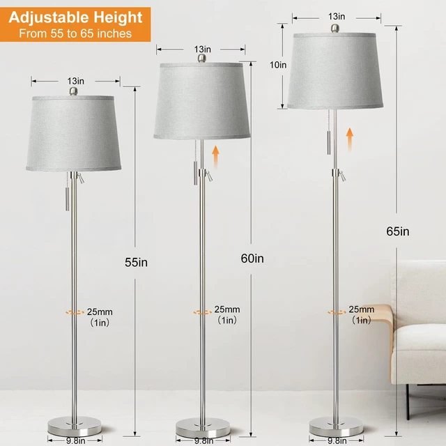 Alt view image 4 of 7 - Floor Lamp for Living Room,Adjustable Height Standing Lamp,Dimmable Modern Floor Lamps for Bedroom Office Tall Floor Lights with Pull Chain Bulb Included-Silver Gray Shade