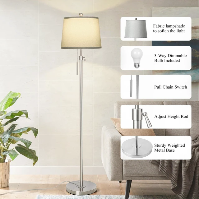 Alt view image 5 of 7 - Floor Lamp for Living Room,Adjustable Height Standing Lamp,Dimmable Modern Floor Lamps for Bedroom Office Tall Floor Lights with Pull Chain Bulb Included-Silver Gray Shade