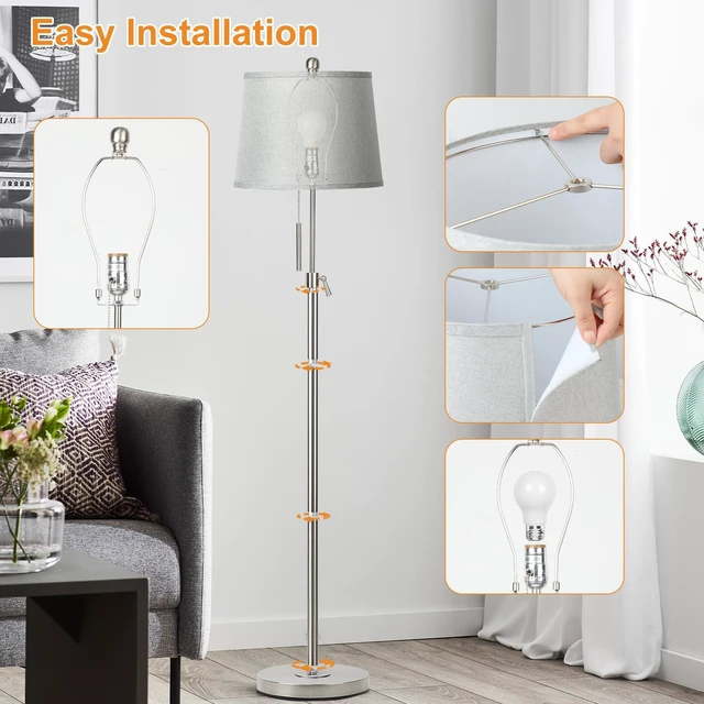Alt view image 6 of 7 - Floor Lamp for Living Room,Adjustable Height Standing Lamp,Dimmable Modern Floor Lamps for Bedroom Office Tall Floor Lights with Pull Chain Bulb Included-Silver Gray Shade
