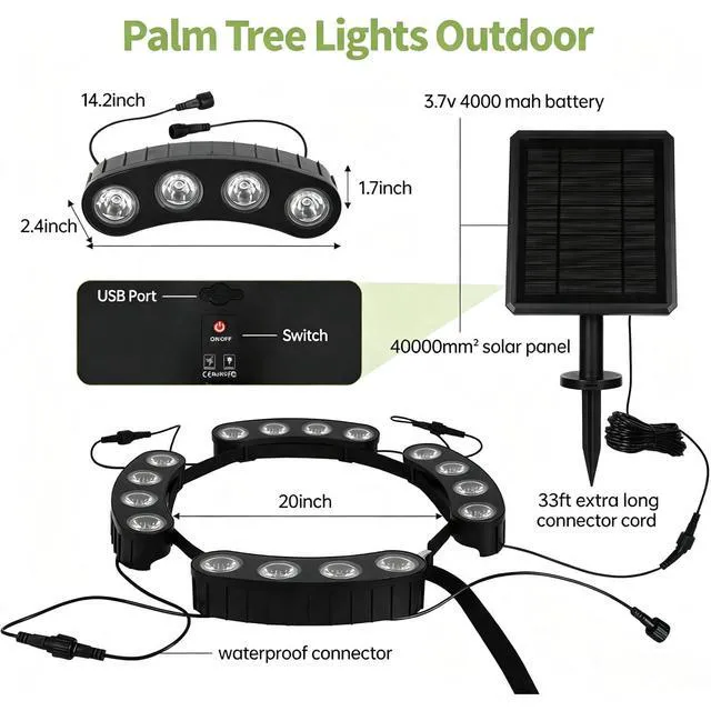 Alt view image 3 of 7 - Solar Tree Lights, Upgraded Solar Spot Lights Outdoor, Warm White 8.3*7.2in Large Solar Panel with USB Port, 16 COB LED, 33FT Cable, IP65 Waterproof, 4000Mah Uplights for PalmTree, Flag Pole
