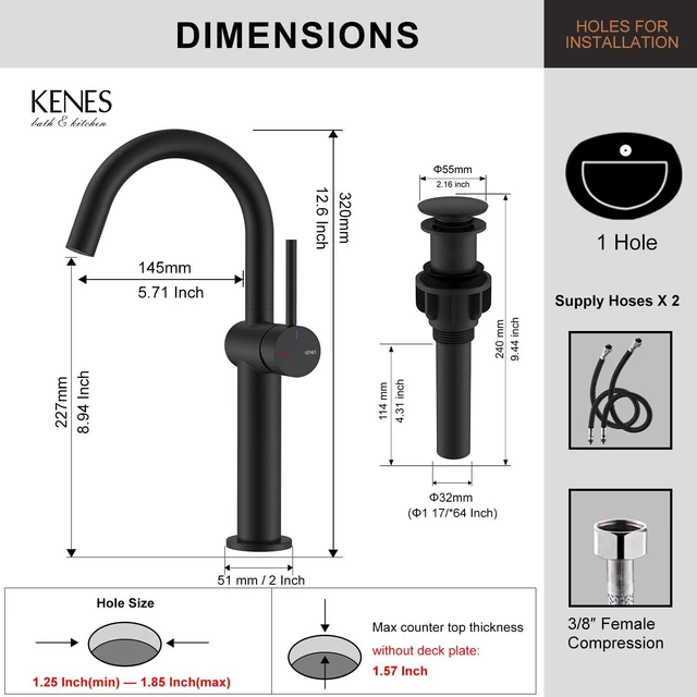 Alt view image 6 of 7 - Matte Black Vessel Sink Faucet Single Handle, Tall Bathroom Faucet Vessel Bowl Faucet with Pop Up Drain & Supply Lines, Lead-Free cUPC & NSF Certified, 1 Hole Faucet for Vanity RV Restroom