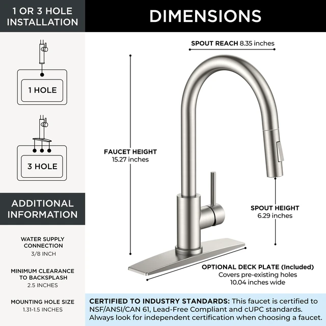 Alt view image 2 of 7 - Kitchen Faucet, 2-Mode Pull Down Sprayer, Classic Stainless Steel Lead-Free, Brushed Nickel, Single Handle, 1 Hole Sink Faucet with Deck Plate, Fit for RV Bar Farmhouse Laundry Outdoor