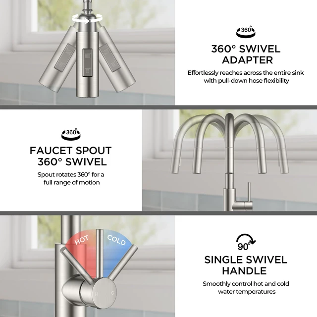 Alt view image 7 of 7 - Kitchen Faucet, 2-Mode Pull Down Sprayer, Classic Stainless Steel Lead-Free, Brushed Nickel, Single Handle, 1 Hole Sink Faucet with Deck Plate, Fit for RV Bar Farmhouse Laundry Outdoor