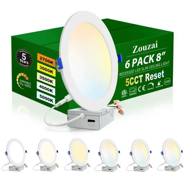 Main image of 6 Pack 8 Inch LED Recessed Ceiling Light, 5CCT, Dimmable, 1685LM 2700K-5000K Selectable, 18W Eqv 150W, 120V, with Junction Box, Canless Wafer Downlight, White, IC & Damp Rated, ETL Certified