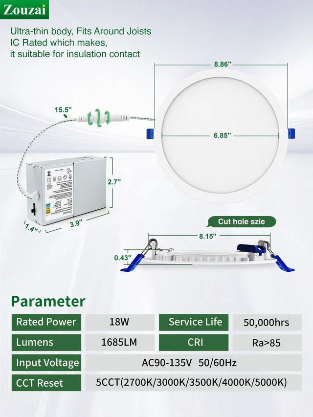 Alt view image 5 of 7 - 6 Pack 8 Inch LED Recessed Ceiling Light, 5CCT, Dimmable, 1685LM 2700K-5000K Selectable, 18W Eqv 150W, 120V, with Junction Box, Canless Wafer Downlight, White, IC & Damp Rated, ETL Certified