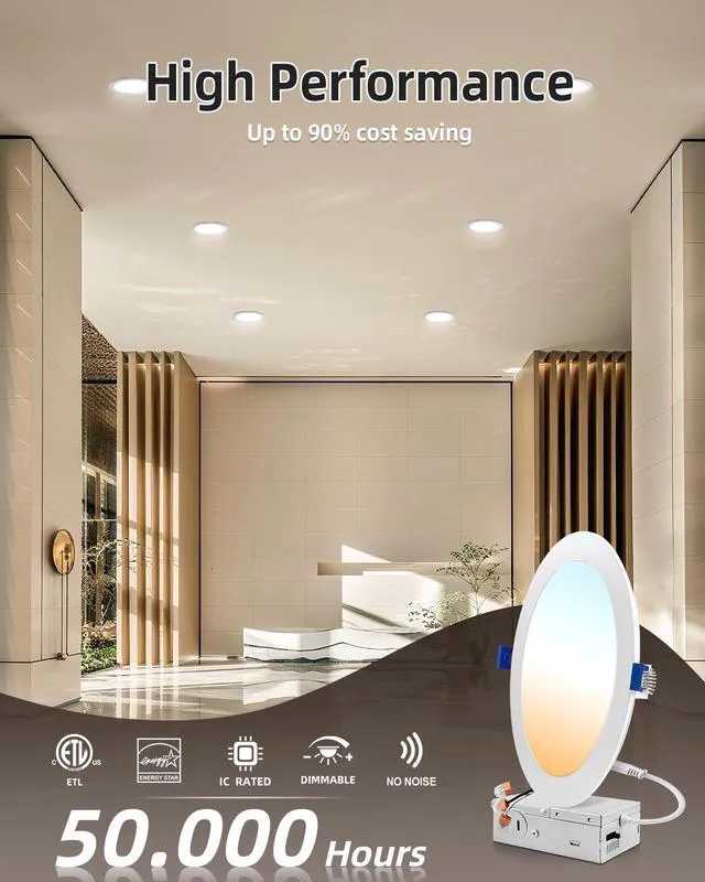 Alt view image 4 of 7 - 6 Pack 8 Inch LED Recessed Ceiling Light, 5CCT, Dimmable, 1685LM 2700K-5000K Selectable, 18W Eqv 150W, 120V, with Junction Box, Canless Wafer Downlight, White, IC & Damp Rated, ETL Certified