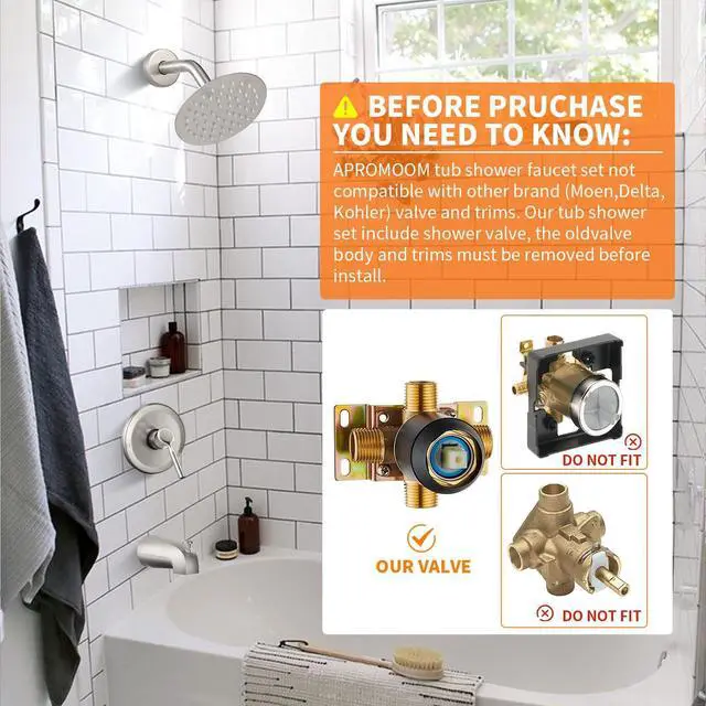 Alt view image 2 of 7 - Tub Shower Faucet Set (Valve Included) with 6-Inch Rain Shower Head and Tub Spout Single-Handle Tub and Shower Trim Kit Brushed Nickel