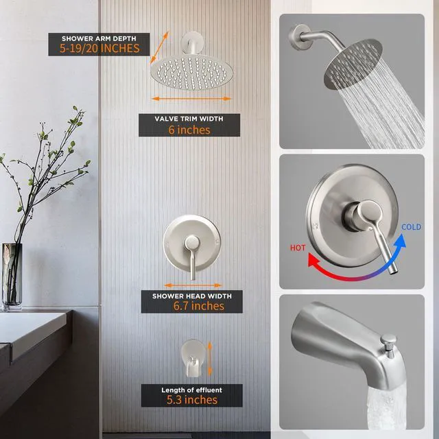 Alt view image 3 of 7 - Tub Shower Faucet Set (Valve Included) with 6-Inch Rain Shower Head and Tub Spout Single-Handle Tub and Shower Trim Kit Brushed Nickel