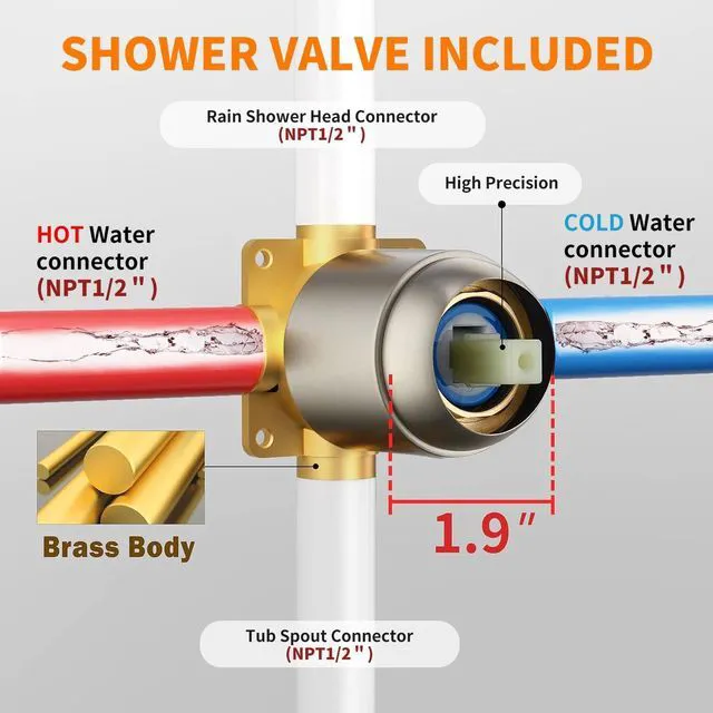 Alt view image 7 of 7 - Tub Shower Faucet Set (Valve Included) with 6-Inch Rain Shower Head and Tub Spout Single-Handle Tub and Shower Trim Kit Brushed Nickel