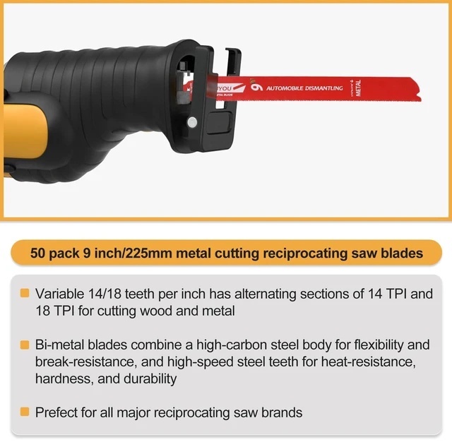 Alt view image 4 of 6 - 50 Pack 9 in 14/18 TPI Bi-Metal Reciprocating Saw Blades with Organizer Carbide Alloy Steel for Automobile Dismantling Metal Steel Cutting Non-Stick Coated for Less Heat for 1/16-5/16 Medium Metals