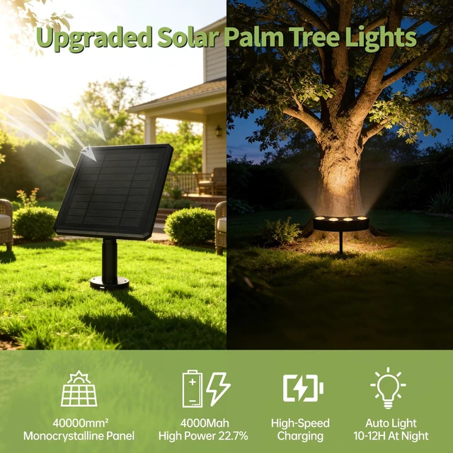 Alt view image 4 of 7 - Solar Tree Lights, Upgraded Solar Spot Lights Outdoor, Warm White 8.3*7.2in Large Solar Panel with USB Port, 16 COB LED, 33FT Cable, IP65 Waterproof, 4000Mah Uplights for PalmTree, Flag Pole