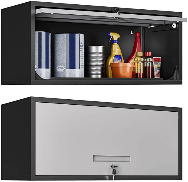 Main image of Metal Garage Wall Cabinet with Doors, Wall Mounted Metal Storage Cabinet, Floating Garage Tool Cabinet for Garage, Basement, Kitchen, Warehouse (Black Gray, 13.7" H)