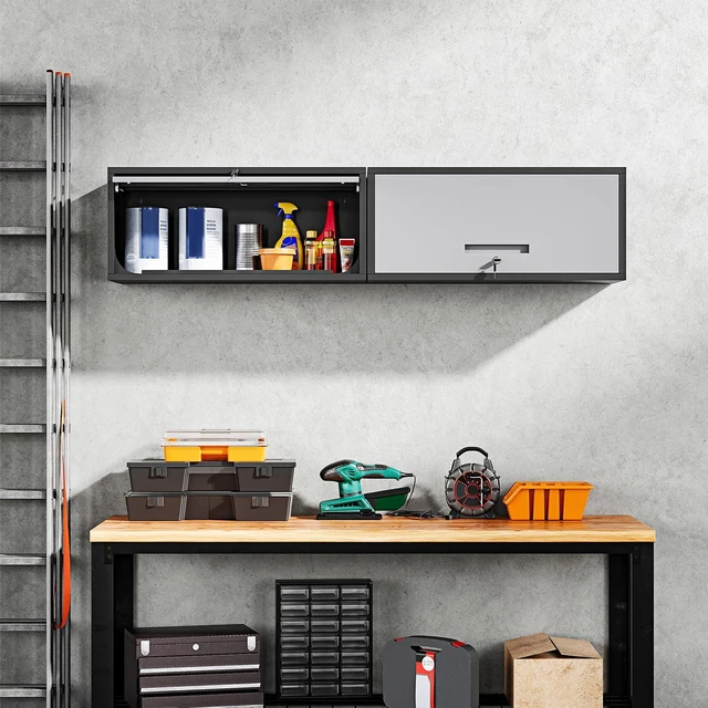 Alt view image 2 of 7 - Metal Garage Wall Cabinet with Doors, Wall Mounted Metal Storage Cabinet, Floating Garage Tool Cabinet for Garage, Basement, Kitchen, Warehouse (Black Gray, 13.7" H)