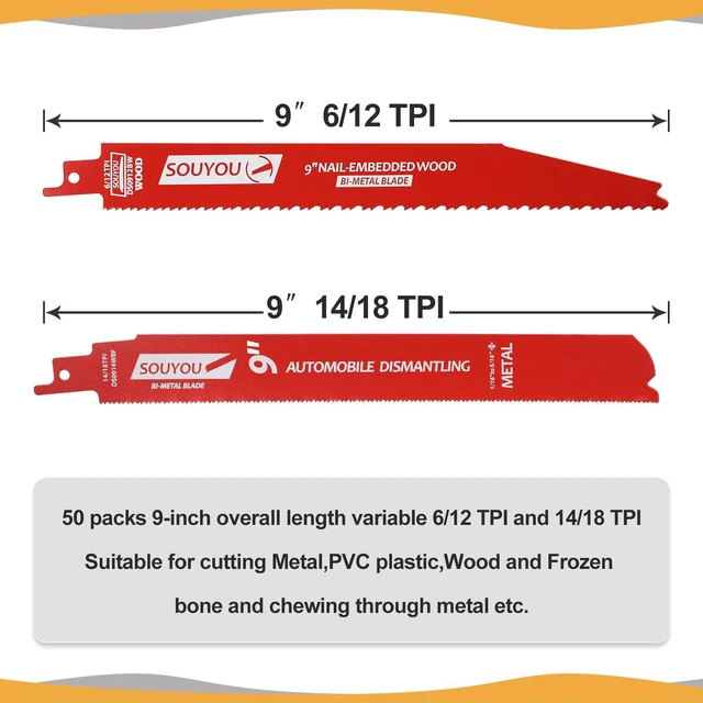 Alt view image 5 of 6 - 50 Pack 9 in 14/18 TPI Bi-Metal Reciprocating Saw Blades with Organizer Carbide Alloy Steel for Automobile Dismantling Metal Steel Cutting Non-Stick Coated for Less Heat for 1/16-5/16 Medium Metals