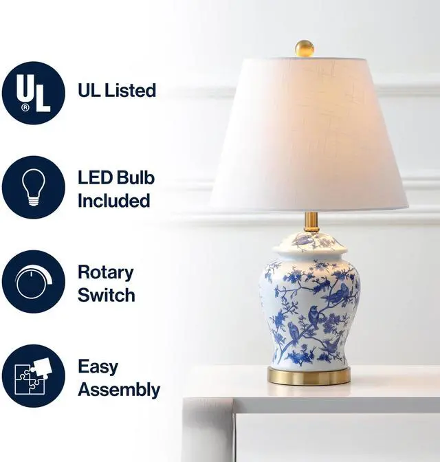 Alt view image 4 of 7 - Penelope Ginger Jar 22" LED Table Lamp, Blue/White Chinoiserie, Ceramic Metal Construction, French Country Traditional, Linen Empire Shade, Brass Gold, LED Bulb Included