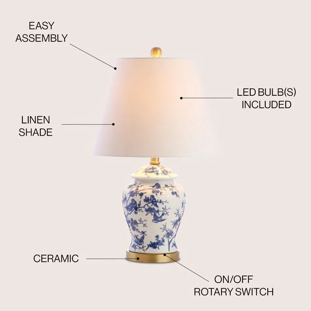 Alt view image 5 of 7 - Penelope Ginger Jar 22" LED Table Lamp, Blue/White Chinoiserie, Ceramic Metal Construction, French Country Traditional, Linen Empire Shade, Brass Gold, LED Bulb Included