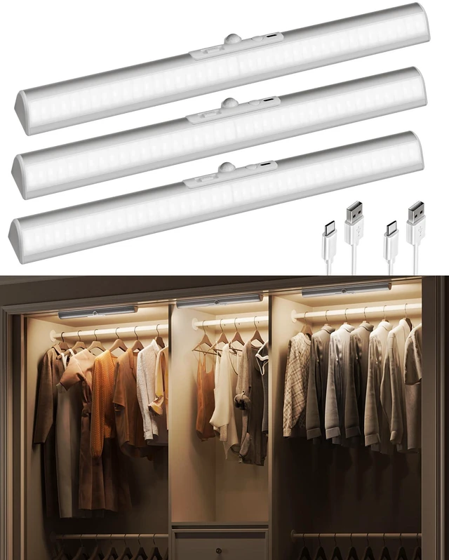 Main image of 17-Inch Motion Sensor Closet Lights Indoor 3 Pack, 3600mAh Rechargeable Battery, 180 Lumens, No-Glare, Wireless, 3 Color Temps, Dimmable, Wardrobe, Pantry