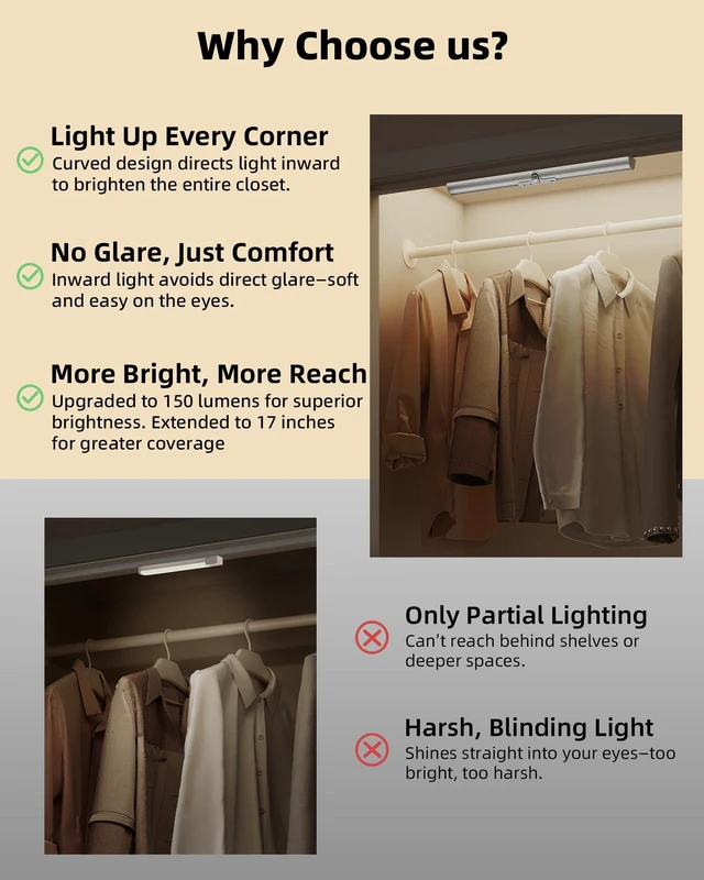 Alt view image 2 of 7 - 17-Inch Motion Sensor Closet Lights Indoor 3 Pack, 3600mAh Rechargeable Battery, 180 Lumens, No-Glare, Wireless, 3 Color Temps, Dimmable, Wardrobe, Pantry