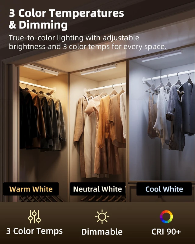 Alt view image 5 of 7 - 17-Inch Motion Sensor Closet Lights Indoor 3 Pack, 3600mAh Rechargeable Battery, 180 Lumens, No-Glare, Wireless, 3 Color Temps, Dimmable, Wardrobe, Pantry
