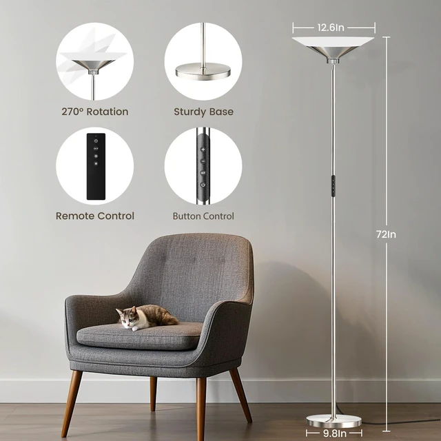 Alt view image 2 of 7 - Metallic Silver Torchiere Floor Lamp - 30W Dimmable LED Standing Lamp with Remote/Button Control, 1800Lm, 3000-6500K, 72in Tall Bright Pole Light for Living Room Bedroom Office Corner