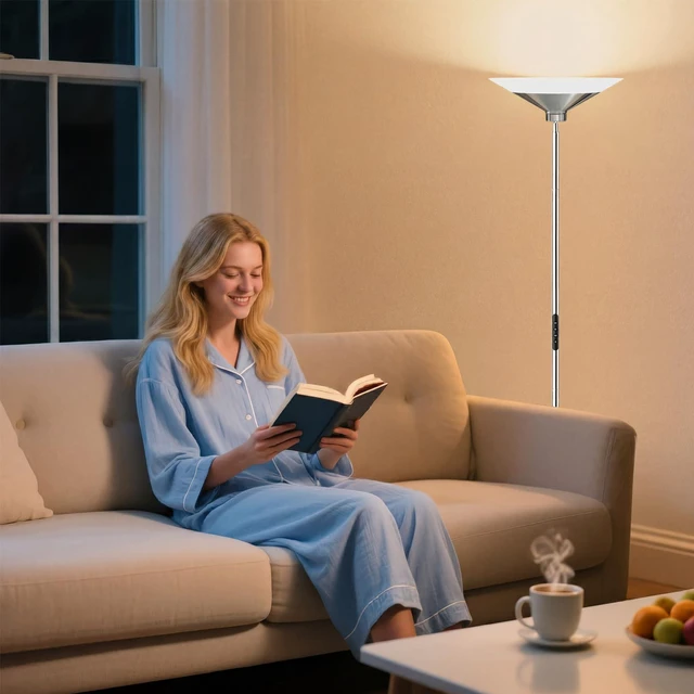 Alt view image 3 of 7 - Metallic Silver Torchiere Floor Lamp - 30W Dimmable LED Standing Lamp with Remote/Button Control, 1800Lm, 3000-6500K, 72in Tall Bright Pole Light for Living Room Bedroom Office Corner