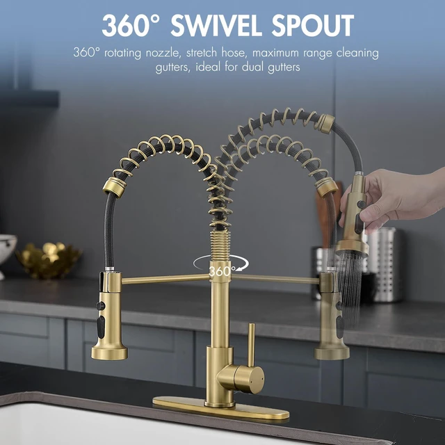 Alt view image 3 of 7 - Gold Kitchen Faucet with Pull Down Sprayer,Brushed Gold Kitchen Sink Faucet With Deck Plate,Single Handle for 1 or 3 Hole,Suitable for Farmhouse Camper Laundry Rv Bar
