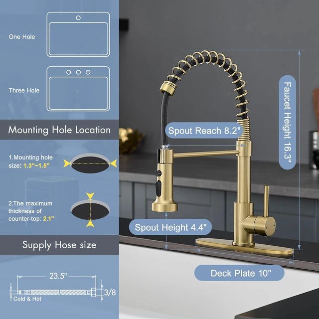 Alt view image 6 of 7 - Gold Kitchen Faucet with Pull Down Sprayer,Brushed Gold Kitchen Sink Faucet With Deck Plate,Single Handle for 1 or 3 Hole,Suitable for Farmhouse Camper Laundry Rv Bar