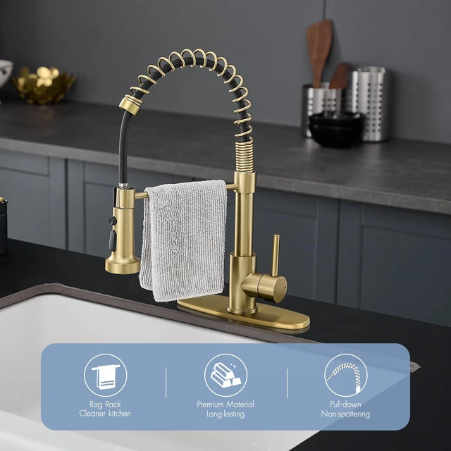 Alt view image 7 of 7 - Gold Kitchen Faucet with Pull Down Sprayer,Brushed Gold Kitchen Sink Faucet With Deck Plate,Single Handle for 1 or 3 Hole,Suitable for Farmhouse Camper Laundry Rv Bar