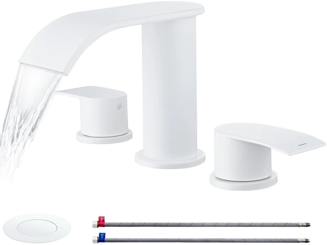 Main image of 8 inch Waterfall Bathroom Faucet White with Metal Pop-up Sink Drain 2 Handle Widespread Bathroom Sink Faucet for Vanity Sink 3 Holes with Stopper and 2 Supply Hoses