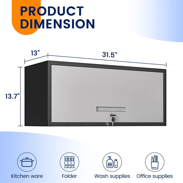 Alt view image 3 of 7 - Metal Garage Wall Cabinet with Doors, Wall Mounted Metal Storage Cabinet, Floating Garage Tool Cabinet for Garage, Basement, Kitchen, Warehouse (Black Gray, 13.7" H)