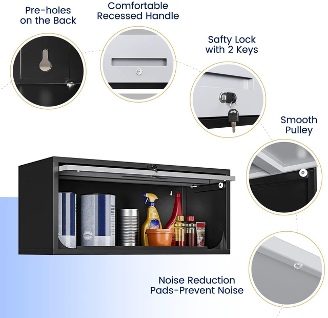 Alt view image 5 of 7 - Metal Garage Wall Cabinet with Doors, Wall Mounted Metal Storage Cabinet, Floating Garage Tool Cabinet for Garage, Basement, Kitchen, Warehouse (Black Gray, 13.7" H)