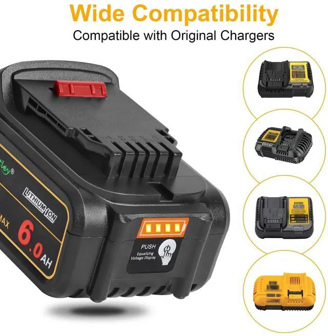 Alt view image 4 of 7 - 2 Pack 20V 6.0Ah Replacement Battery Compatible with Dewalt Tool Lithium-Ion Battery Compatible With DCB200 DCD DCF DCG Series Cordless Power Tools Not Made in Dewalt