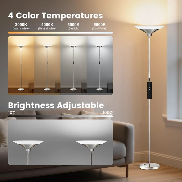Alt view image 6 of 7 - Metallic Silver Torchiere Floor Lamp - 30W Dimmable LED Standing Lamp with Remote/Button Control, 1800Lm, 3000-6500K, 72in Tall Bright Pole Light for Living Room Bedroom Office Corner