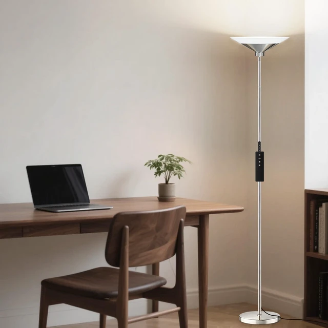 Alt view image 7 of 7 - Metallic Silver Torchiere Floor Lamp - 30W Dimmable LED Standing Lamp with Remote/Button Control, 1800Lm, 3000-6500K, 72in Tall Bright Pole Light for Living Room Bedroom Office Corner