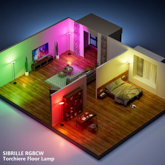 Alt view image 2 of 7 - RGB Torchiere Floor Lamp - 30W Dimmable LED Standing Lamp with Remote, Multi Color Changing, 72in Tall Corner Light, Bright Standing Pole Light for Office Living Room Bedroom Basement, Black
