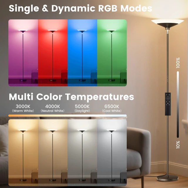 Alt view image 3 of 7 - RGB Torchiere Floor Lamp - 30W Dimmable LED Standing Lamp with Remote, Multi Color Changing, 72in Tall Corner Light, Bright Standing Pole Light for Office Living Room Bedroom Basement, Black