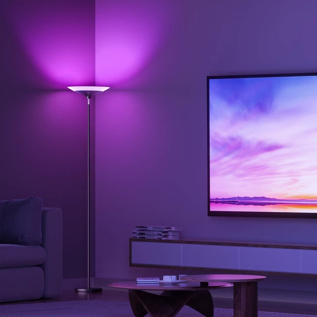 Alt view image 6 of 7 - RGB Torchiere Floor Lamp - 30W Dimmable LED Standing Lamp with Remote, Multi Color Changing, 72in Tall Corner Light, Bright Standing Pole Light for Office Living Room Bedroom Basement, Black