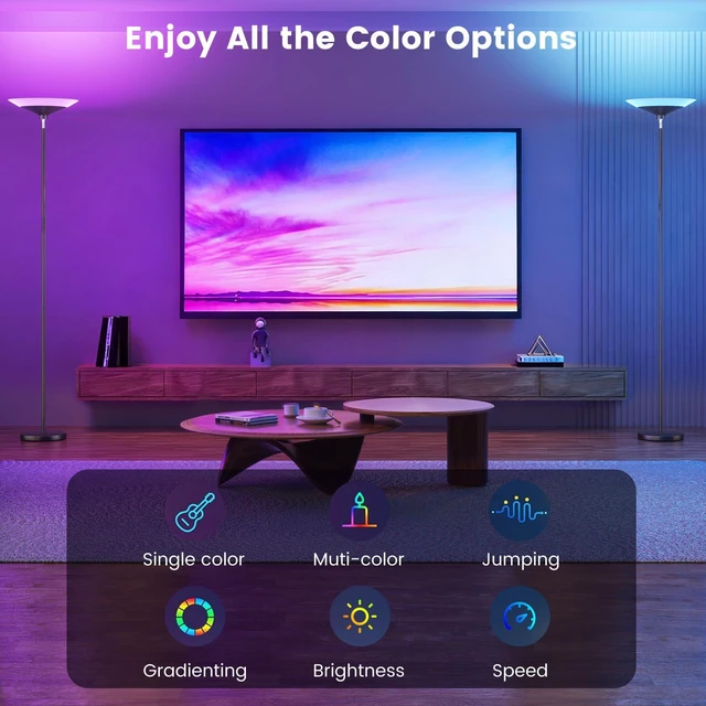 Alt view image 4 of 7 - RGB Torchiere Floor Lamp - 30W Dimmable LED Standing Lamp with Remote, Multi Color Changing, 72in Tall Corner Light, Bright Standing Pole Light for Office Living Room Bedroom Basement, Black