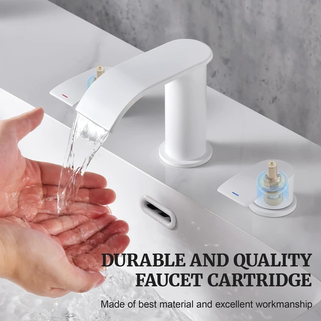 Alt view image 2 of 7 - 8 inch Waterfall Bathroom Faucet White with Metal Pop-up Sink Drain 2 Handle Widespread Bathroom Sink Faucet for Vanity Sink 3 Holes with Stopper and 2 Supply Hoses