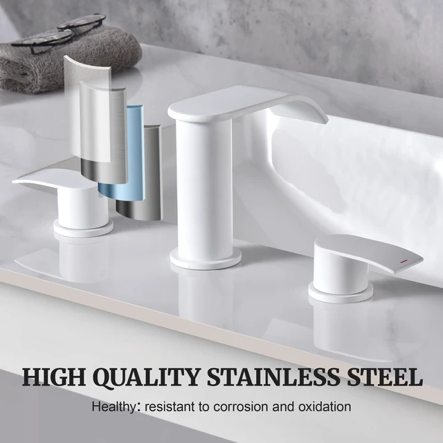 Alt view image 4 of 7 - 8 inch Waterfall Bathroom Faucet White with Metal Pop-up Sink Drain 2 Handle Widespread Bathroom Sink Faucet for Vanity Sink 3 Holes with Stopper and 2 Supply Hoses
