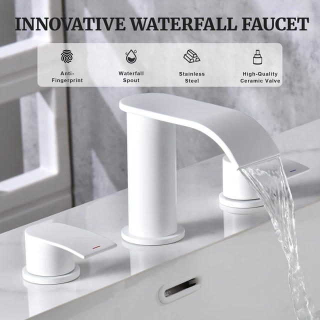 Alt view image 5 of 7 - 8 inch Waterfall Bathroom Faucet White with Metal Pop-up Sink Drain 2 Handle Widespread Bathroom Sink Faucet for Vanity Sink 3 Holes with Stopper and 2 Supply Hoses
