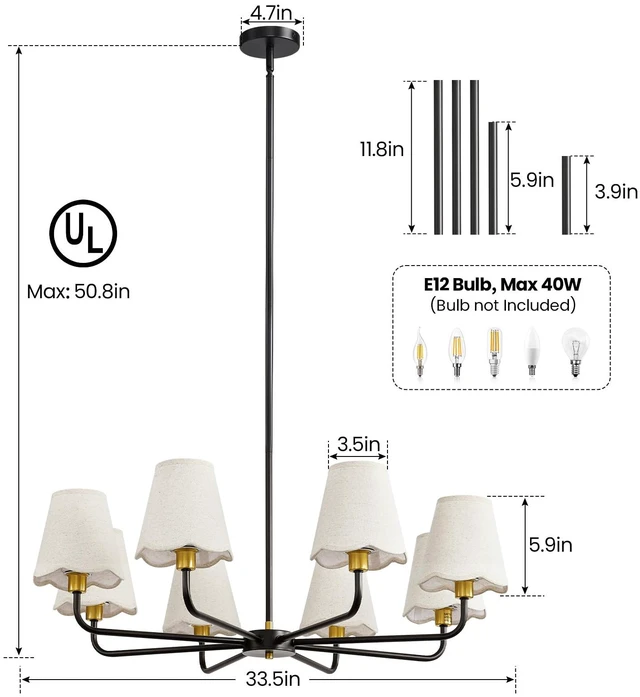 Alt view image 6 of 7 - Modern Black and Gold Chandelier 8-Light Farmhouse Chandelier for Dining Room Industrial Dining Kitchen Light Fixture Over Table Ceiling Chandelier for Bedroom Living Room Foyer Entryway