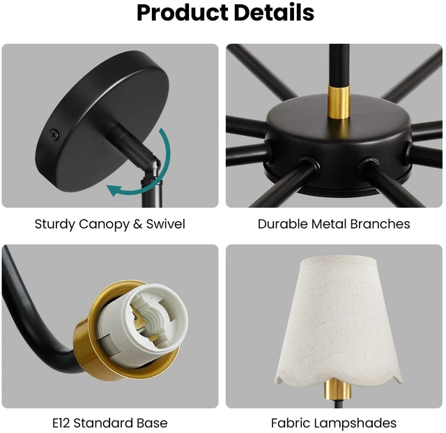 Alt view image 5 of 7 - Modern Black and Gold Chandelier 8-Light Farmhouse Chandelier for Dining Room Industrial Dining Kitchen Light Fixture Over Table Ceiling Chandelier for Bedroom Living Room Foyer Entryway