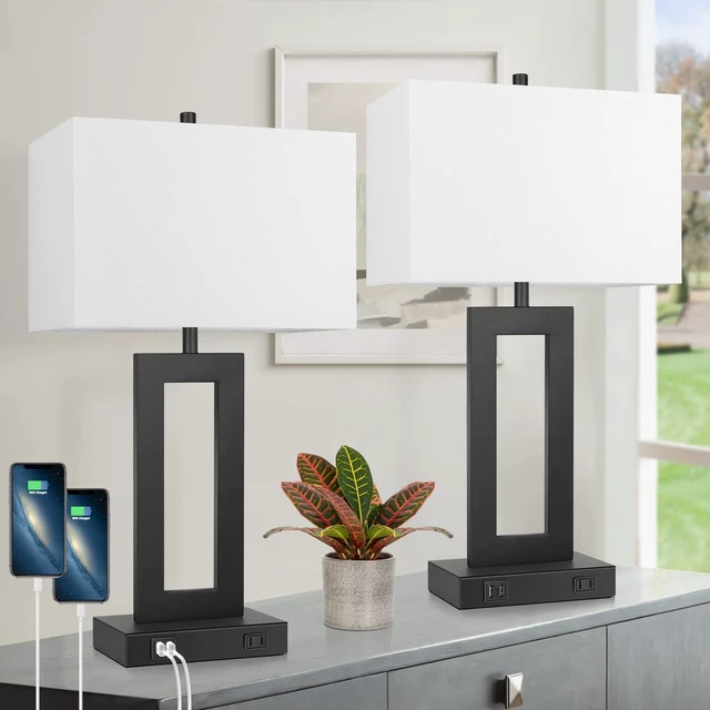 Main image of 22" Table Lamp Set of 2, Modern Touch Control Lamp with 2 USB Ports 3 Way Dimmable, White Fabric Shade, E26 Base, Desk Lamp for Living Room, Bedroom, 2 Bulbs Included