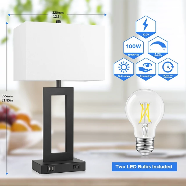Alt view image 3 of 7 - 22" Table Lamp Set of 2, Modern Touch Control Lamp with 2 USB Ports 3 Way Dimmable, White Fabric Shade, E26 Base, Desk Lamp for Living Room, Bedroom, 2 Bulbs Included