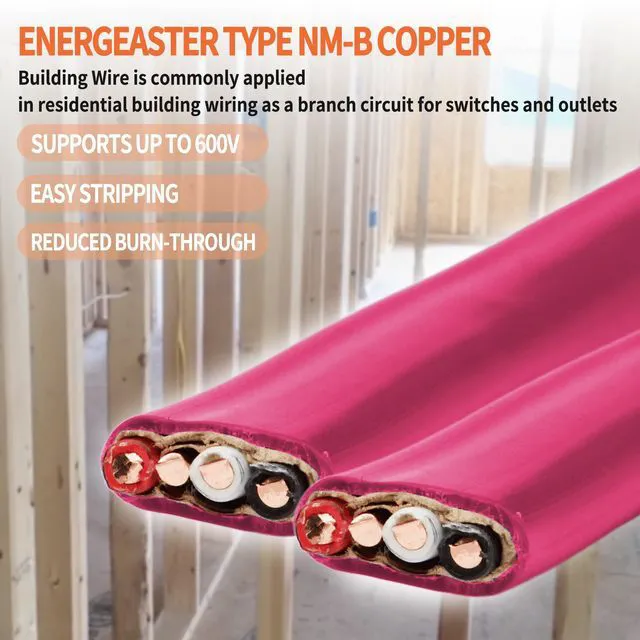 Alt view image 4 of 7 - Solid Indoor 10/3 NM-B Copper Cable with Ground 25FT, Pink 25FT NMB Cable 10 Gauge Wire 3 Conductors 600V Bare Copper Non-Metallic Sheathed Solid Indoor Residential Wire, UL Listed