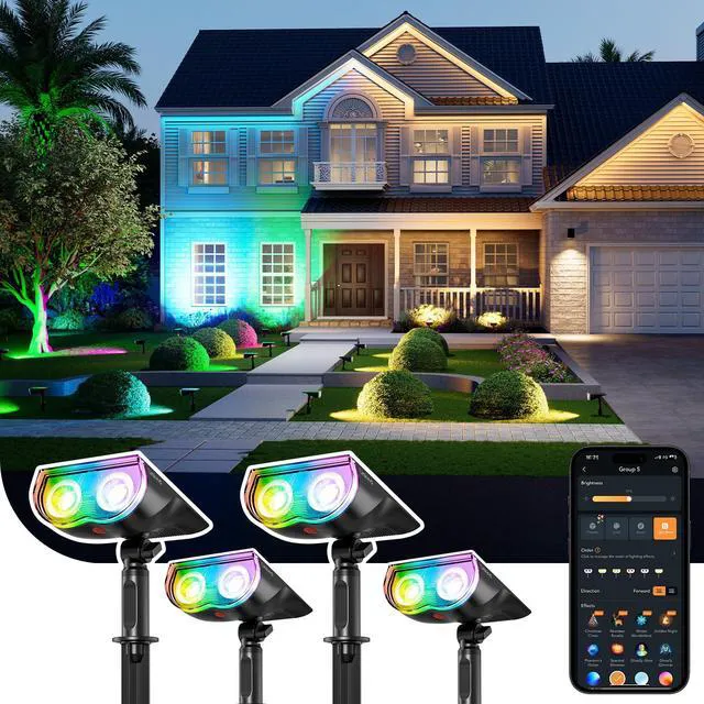Main image of Smart Solar Spot Lights Outdoor SL5C, IP67 Waterproof Solar Lights APP/ Voice Control, Cool/Warm White/Color Changing Solar Spotlight Outdoor for Yard, Lanscape, Garden, Pathway(4 Pack)