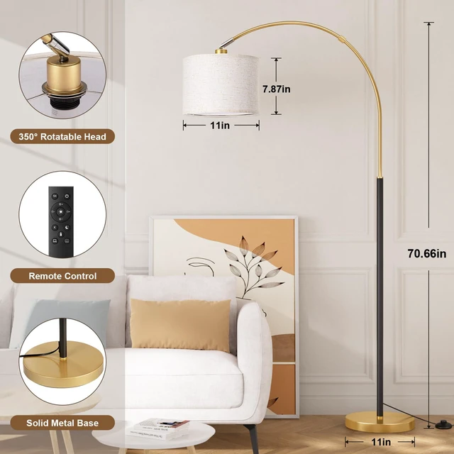 Alt view image 2 of 7 - Dimmable Arc Floor Lamp with Remote, Color Temperatures and Brightness Adjustable, Arched Floor Lamp with Rotating Head, Over Couch Arched Reading Light for Living Room (Black and Gold)