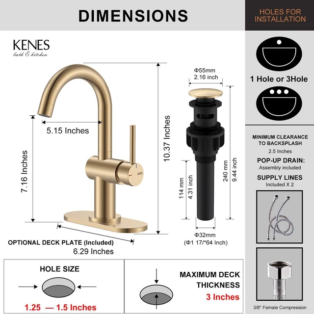 Alt view image 6 of 7 - Champagne Bronze Bathroom Faucet 1 Hole, Single Handle Vanity Faucet Bathroom Sink Faucet with Pop Up Drain & 6 Inch Deck Plate, Lead-Free cUPC & NSF Certified, 1 Handle Faucet for Vanity RV Bar