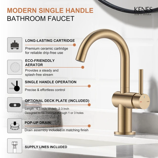Alt view image 3 of 7 - Champagne Bronze Bathroom Faucet 1 Hole, Single Handle Vanity Faucet Bathroom Sink Faucet with Pop Up Drain & 6 Inch Deck Plate, Lead-Free cUPC & NSF Certified, 1 Handle Faucet for Vanity RV Bar